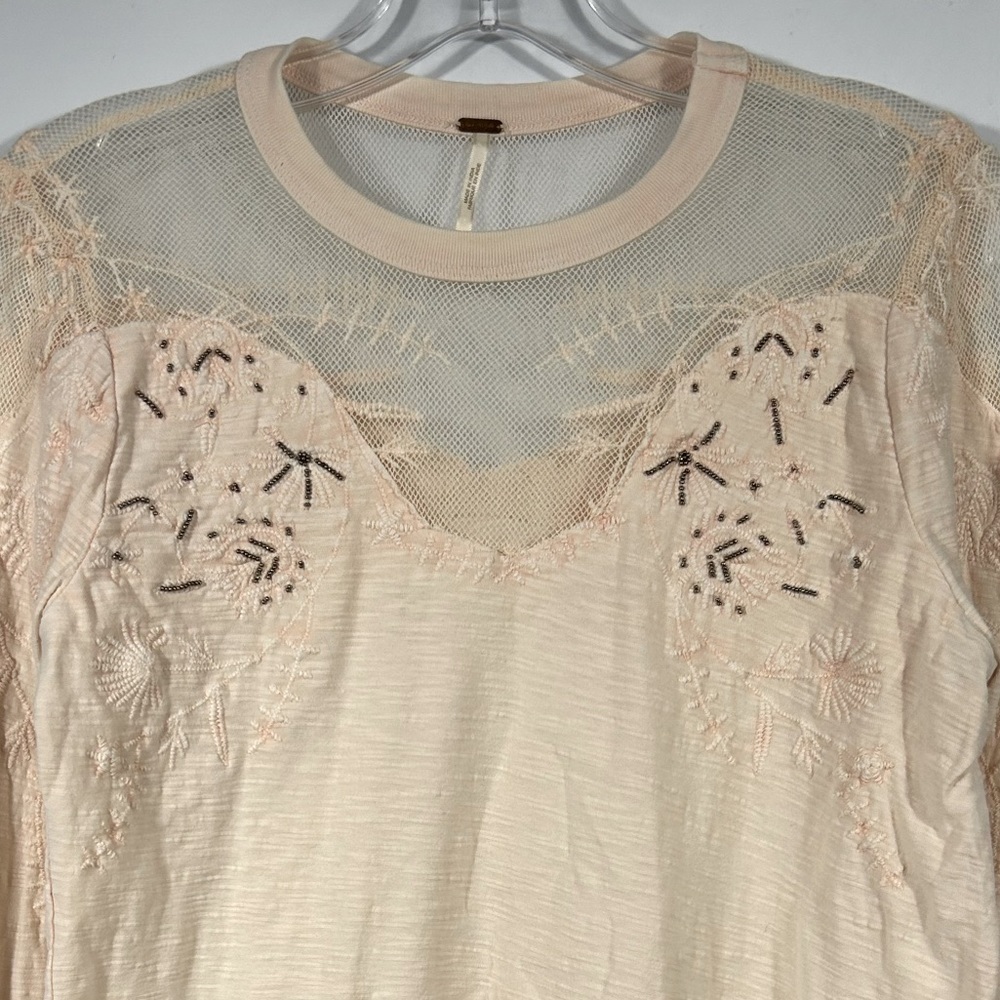 Free people Micha Embellished Mesh Beaded Long Sleeve Tee Top Peach Color Size M - Picture 5 of 9
